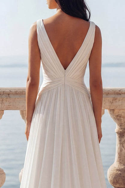 V-Neck Ruched Ivory A Line Sweep Train Beach Wedding Dress with Slit