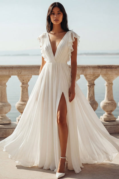 Ruffled V-Neck Ruched Ivory A Line Sweep Train Beach Wedding Dress with Slit