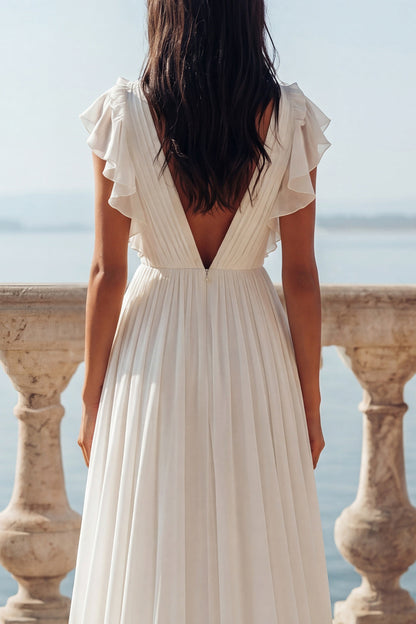 Ruffled V-Neck Ruched Ivory A Line Sweep Train Beach Wedding Dress with Slit