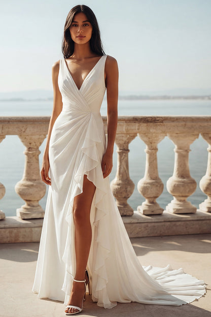 Mermaid V-Neck Ruched Ivory Sweep Train Beach Wedding Dress with Ruffles