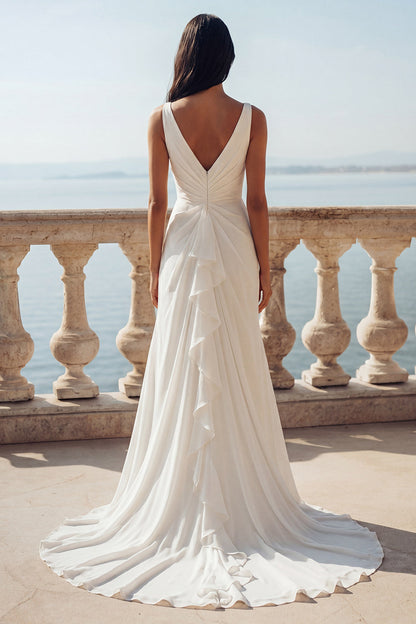 Mermaid V-Neck Ruched Ivory Sweep Train Beach Wedding Dress with Ruffles