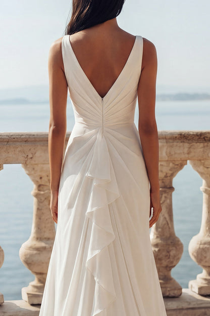 Mermaid V-Neck Ruched Ivory Sweep Train Beach Wedding Dress with Ruffles