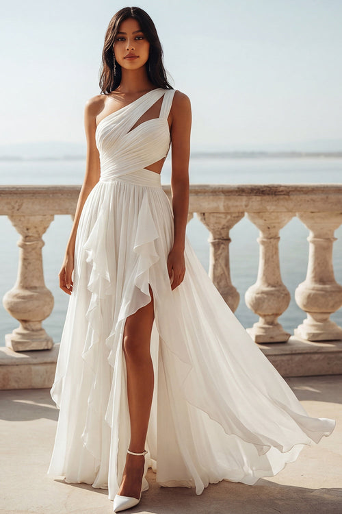 Keyhole Ruffled Ivory A Line Sweep Train Beach Wedding Dress with Slit