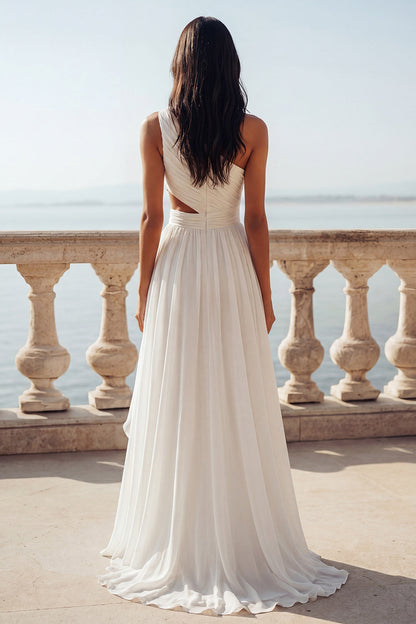 Keyhole Ruffled Ivory A Line Sweep Train Beach Wedding Dress with Slit