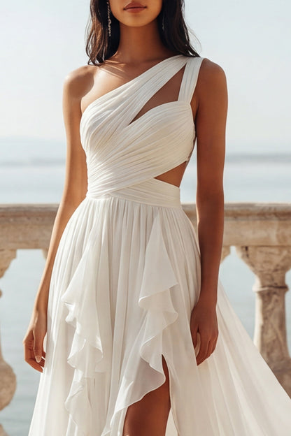 Keyhole Ruffled Ivory A Line Sweep Train Beach Wedding Dress with Slit
