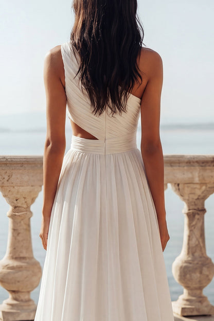 Keyhole Ruffled Ivory A Line Sweep Train Beach Wedding Dress with Slit