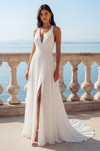 A Line Sweep Train V-Neck Ruched Ivory Beach Wedding Dress with Slit