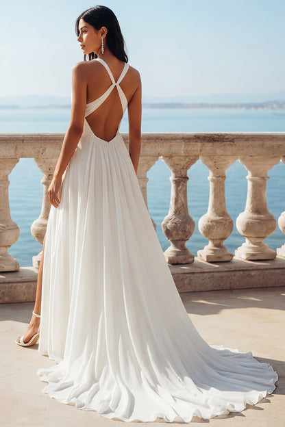 A Line Sweep Train V-Neck Ruched Ivory Beach Wedding Dress with Slit