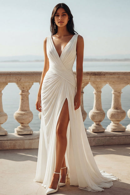 Ruched Ivory Sweep Train V-Neck Beach Wedding Dress with Slit