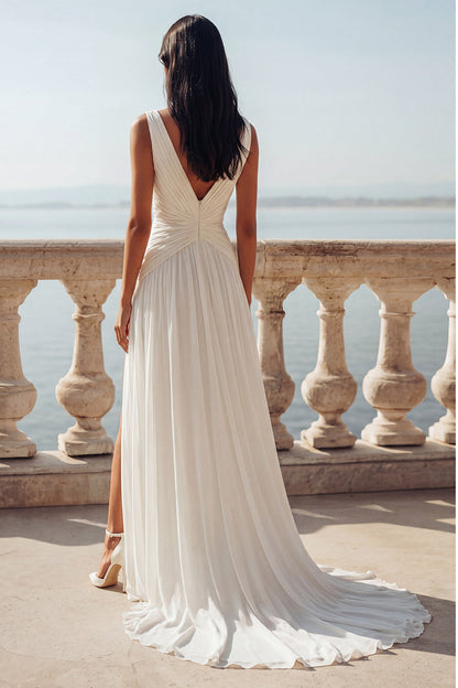 Ruched Ivory Sweep Train V-Neck Beach Wedding Dress with Slit