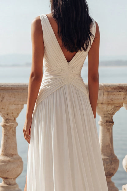 Ruched Ivory Sweep Train V-Neck Beach Wedding Dress with Slit