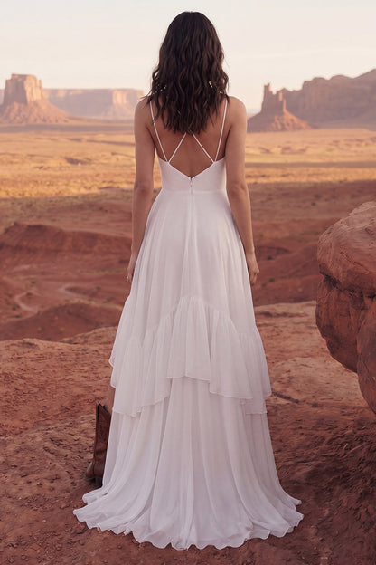 Ivory A Line Sweep Train Ruffled V-Neck Ruched Beach Wedding Dress with Slit