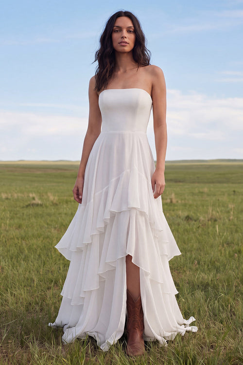 Strapless Ivory A Line Sweep Train Ruffled Beach Wedding Dress with Slit