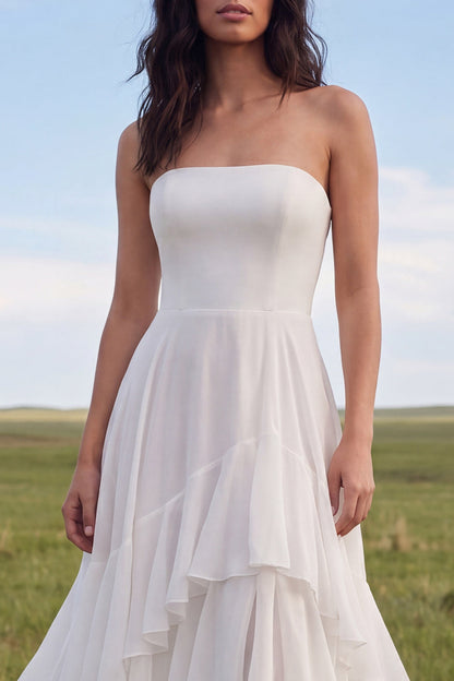 Strapless Ivory A Line Sweep Train Ruffled Beach Wedding Dress with Slit