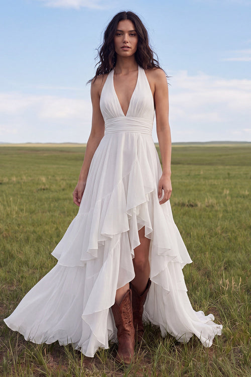 Halter Ivory A Line Sweep Train Ruffled Beach Wedding Dress with Slit