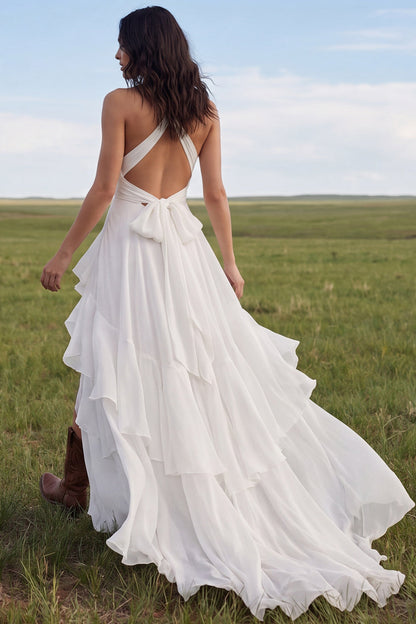 Halter Ivory A Line Sweep Train Ruffled Beach Wedding Dress with Slit