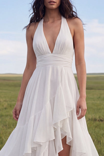 Halter Ivory A Line Sweep Train Ruffled Beach Wedding Dress with Slit