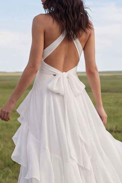 Halter Ivory A Line Sweep Train Ruffled Beach Wedding Dress with Slit
