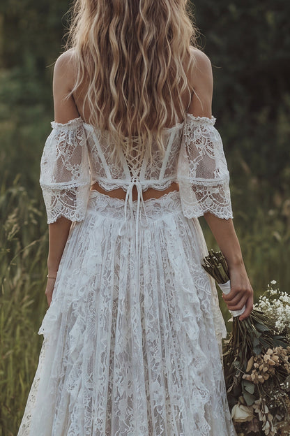 Corset Ivory 2 Piece Floral Lace A Line Sweep Train Boho Wedding Dress