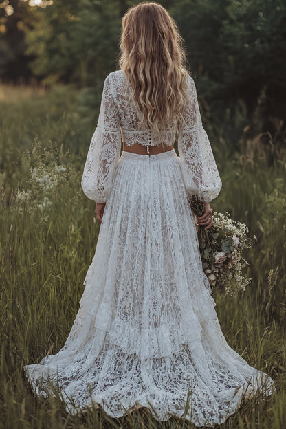 Ruffled Ivory 2 Piece Floral Lace A Line Sweep Train Boho Wedding Dress with Slit