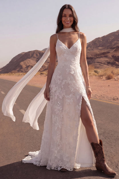 Spaghetti Straps Floral Ivory A Line Sweep Train Boho Wedding Dress with Slit