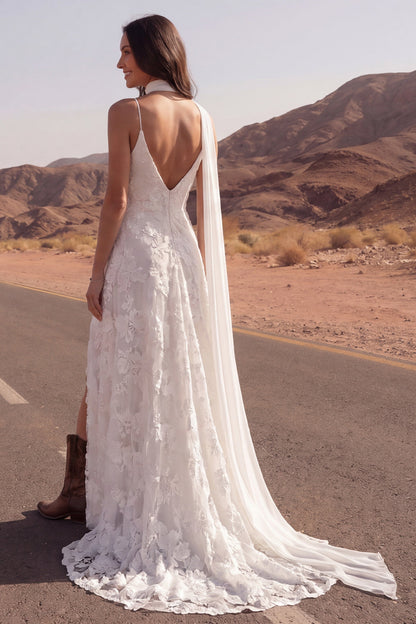 Spaghetti Straps Floral Ivory A Line Sweep Train Boho Wedding Dress with Slit