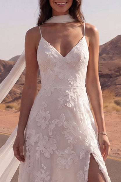 Spaghetti Straps Floral Ivory A Line Sweep Train Boho Wedding Dress with Slit