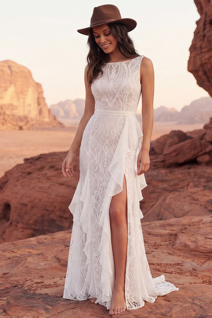 Ivory Lace Ruffled Mermaid Sweep Train Boho Wedding Dress with Slit