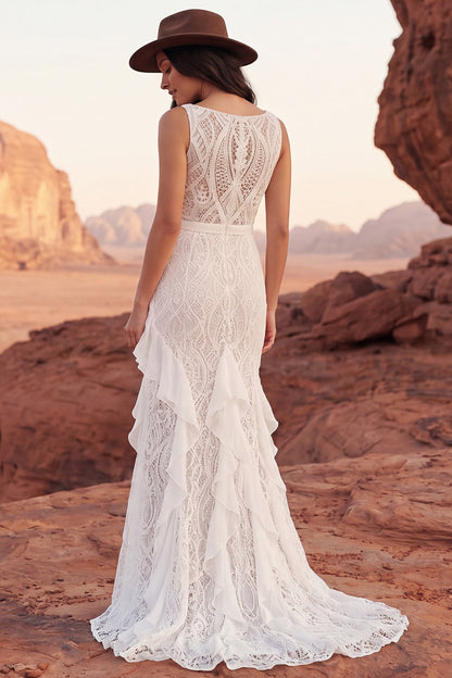 Ivory Lace Ruffled Mermaid Sweep Train Boho Wedding Dress with Slit