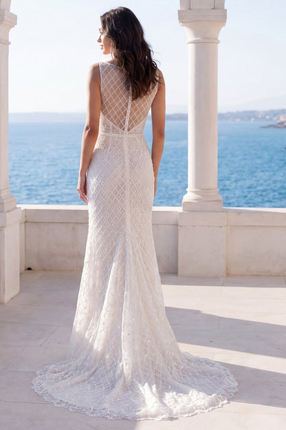 Sparkly Ivory Mermaid Sweep Train Beaded Wedding Dress