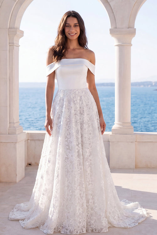 Floral Ivory Off the Shoulder A Line Sweep Train Beach Wedding Dress