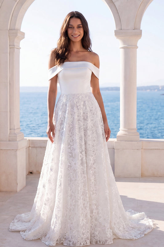 Floral Ivory Off the Shoulder A Line Sweep Train Beach Wedding Dress