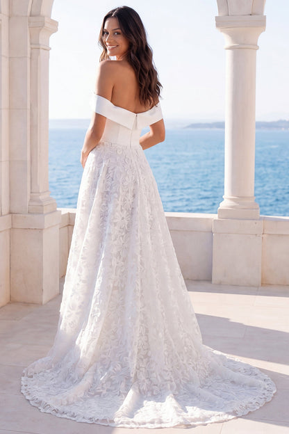 Floral Ivory Off the Shoulder A Line Sweep Train Beach Wedding Dress