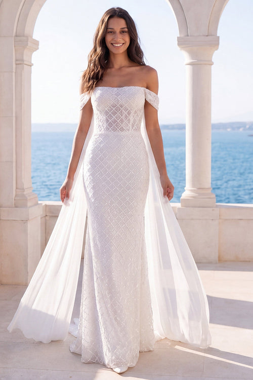Mermaid Sweep Train Sparkly Ivory Beaded Wedding Dress with Cape