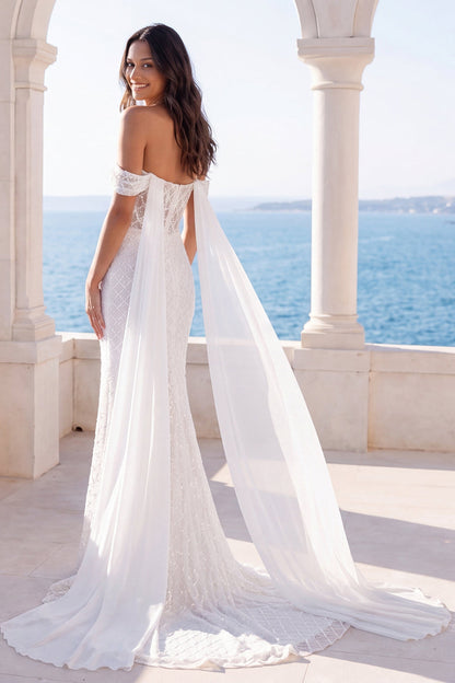 Mermaid Sweep Train Sparkly Ivory Beaded Wedding Dress with Cape