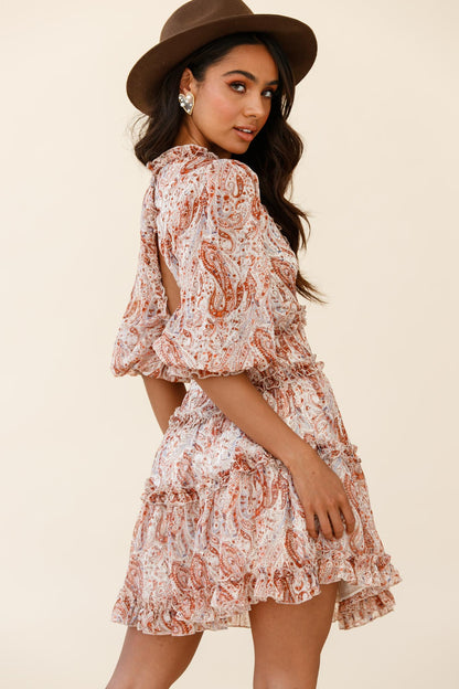Laney Cutout Back Ruffle Trim Dress Paisley Print Rust