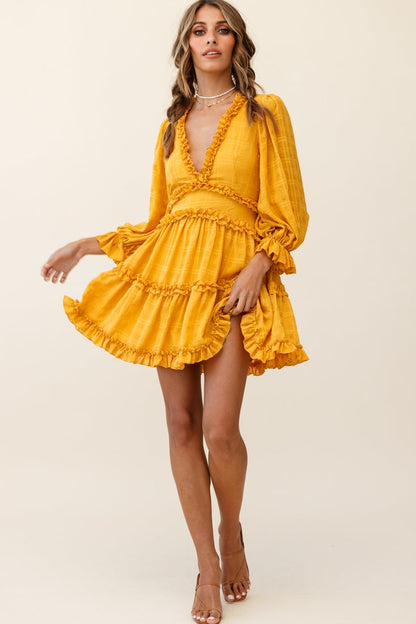 Laney Cutout Back Balloon Sleeve Dress Mustard