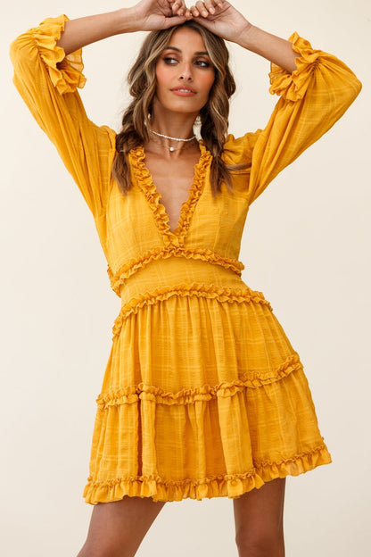 Laney Cutout Back Balloon Sleeve Dress Mustard