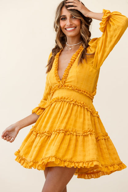 Laney Cutout Back Balloon Sleeve Dress Mustard