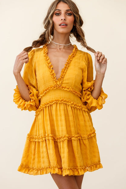 Laney Cutout Back Balloon Sleeve Dress Mustard