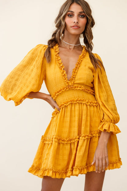 Laney Cutout Back Balloon Sleeve Dress Mustard