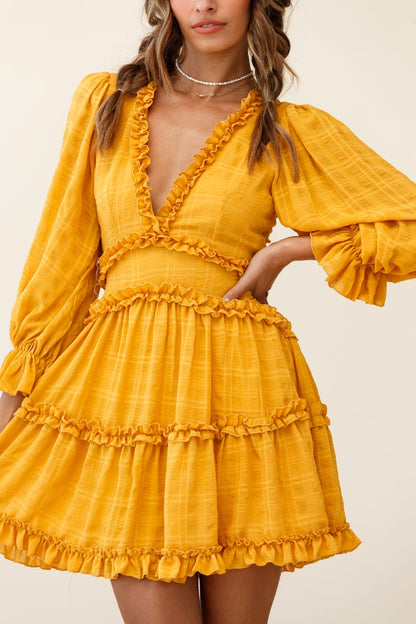 Laney Cutout Back Balloon Sleeve Dress Mustard