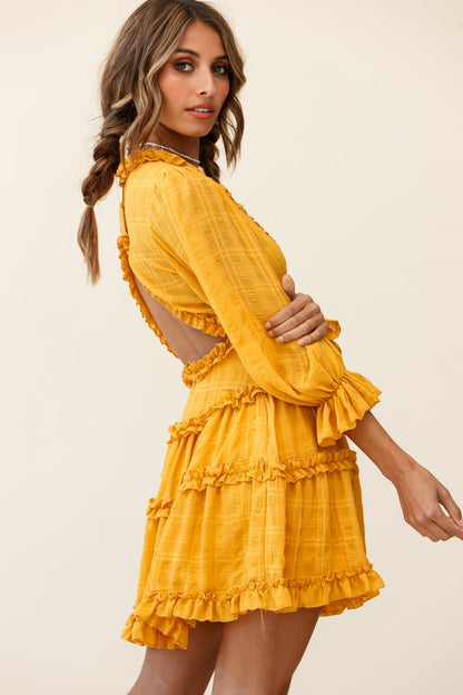 Laney Cutout Back Balloon Sleeve Dress Mustard