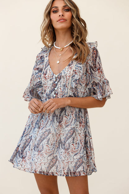 Zora Button Bodice Fluted Sleeve Dress Paisley Print Navy