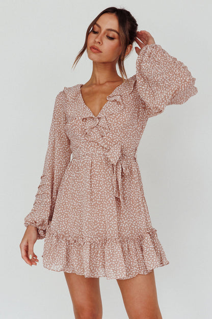 Marcheline Balloon Sleeve Waist Tie Dress Sprinkle Print Pink