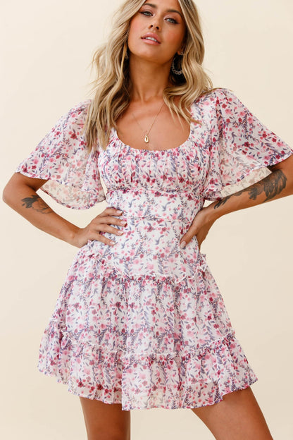 Stolen Moments Angel Sleeve Ruffle Dress Floral Print Pink Multi