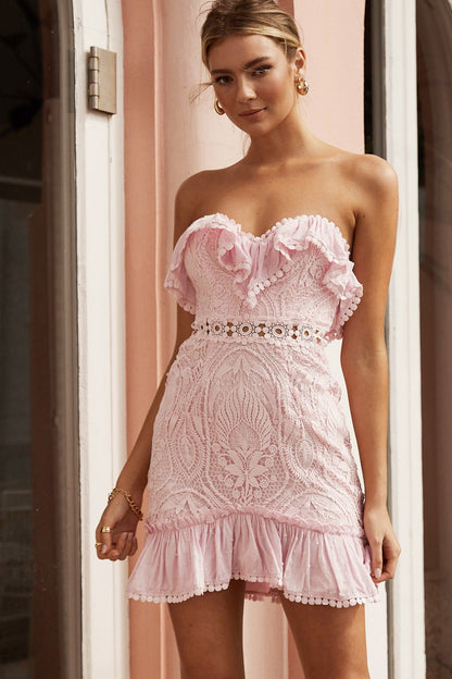 Mae Sweetheart Neckline Crochet Lace Dress Pink