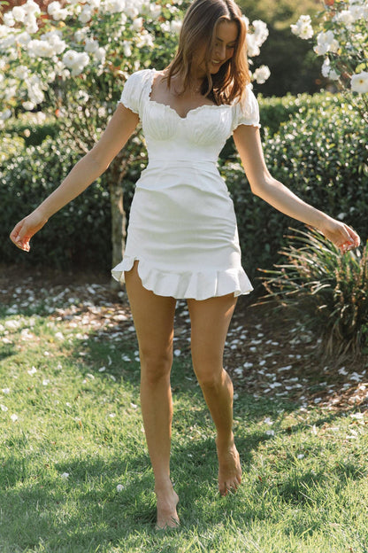 Heaven Sent Ruched Bust Puff Sleeve Dress White