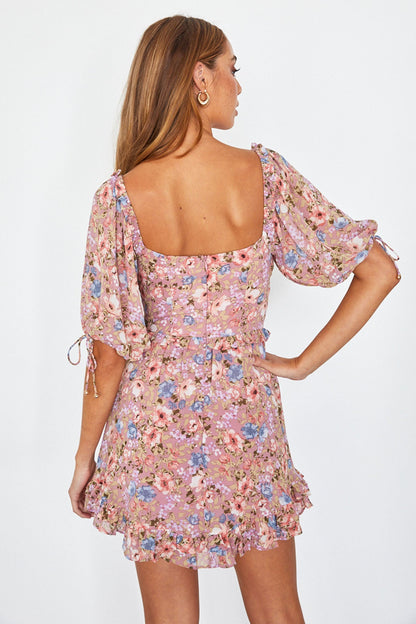 Kirra Puff Sleeve Ruched Bodice Dress Floral Pink