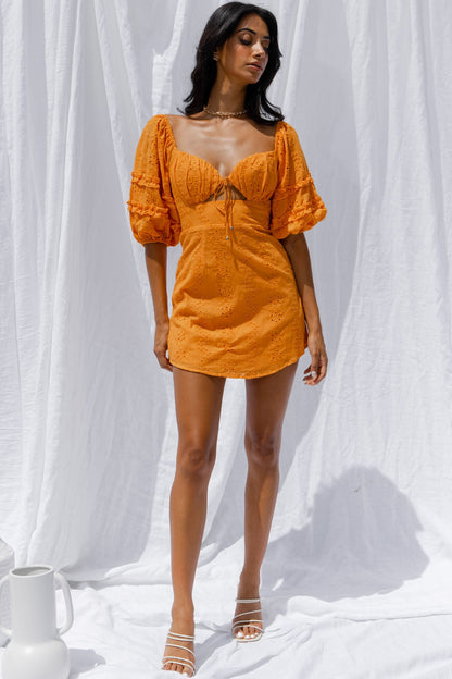 Sweet Romance Puff Sleeve Eyelet Mini Dress Sunset